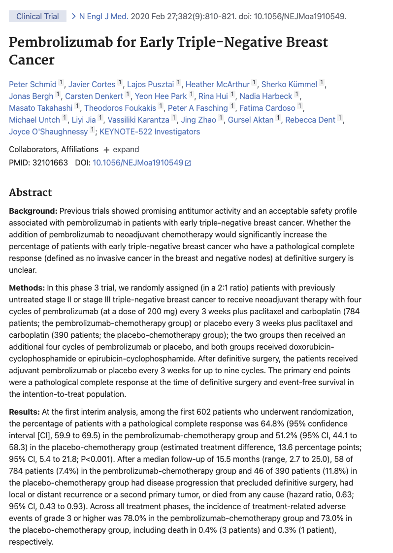 PubMed abstract for the KEYNOTE-522 pembrolizumab breast cancer trial