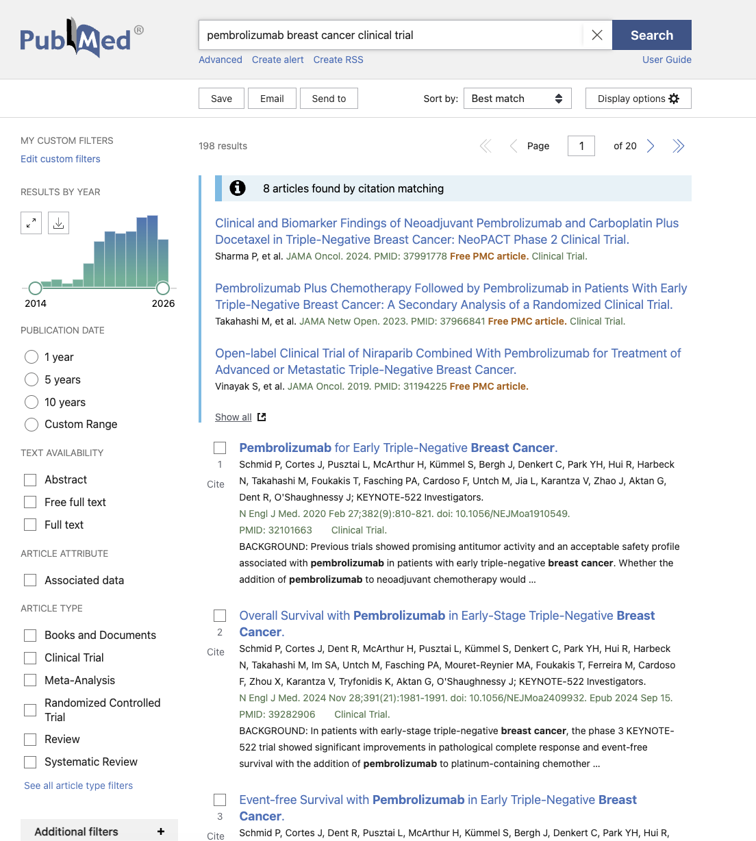 PubMed search results for pembrolizumab breast cancer clinical trial
